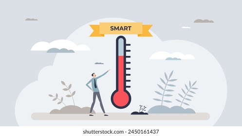 SMART goals with specific, measurable, achievable, relevant and time bound task objectives tiny person concept. Successful, effective and productive defined progress monitoring vector illustration.