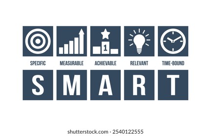 SMART, goals - specific, measurable, achievable, relevant, time-bound. Success business strategy vector infographics.