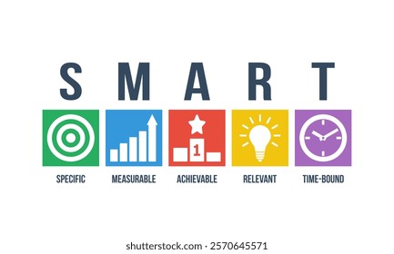 SMART, goals - specific, measurable, achievable, relevant, time-bound. Success business strategy vector infographics.