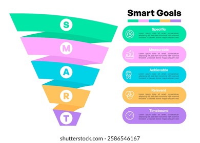 SMART Goals Spiral Ribbon Funnel Infographic with Business Icons Vector Illustration