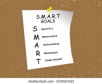 SMART goals template on white paper pinned to wall or board illustration vector