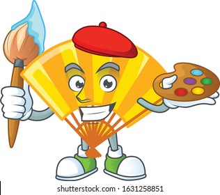 Smart gold chinese folding fan painter mascot icon with brush