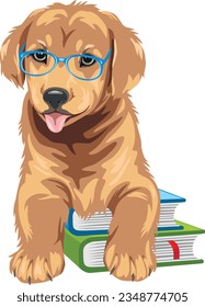 Smart Golden Retriever with books. Vector