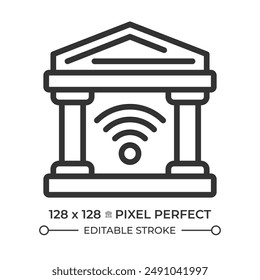 Icono lineal perfecto de píxel de gobierno inteligente. Sistema de gobierno, servicio público. Proceso administrativo, innovación. Ilustración de línea fina. Símbolo de contorno. dibujo de contorno de Vector. Trazo editable