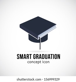 Smart Graduation Abstract Vector Concept Icon, Label or Logo Template. Graduate Cap and Book as a Symbol of Education, Knowledge and Science Creative Idea. Good as Logotype for Education, Courses etc 