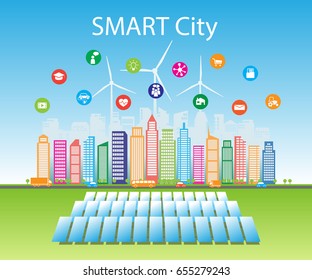 Smart green cities consume alternative natural energy sources with advanced intelligent services, social networks, Internet of things, icons