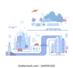 Smart Green City. Infographic elements. Infrastructure, transportation, services, communication,energy, power. Technology concept. Vector illustration on white background.
