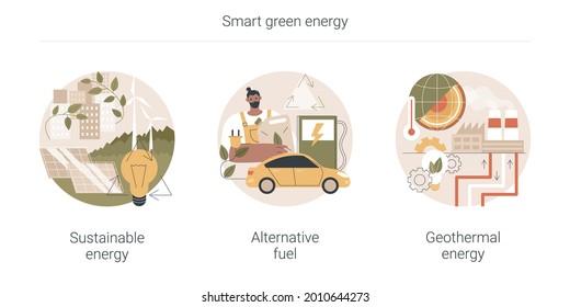 Smart Green Energy Abstract Concept Vector Illustration Set. Sustainable Energy, Alternative Fuel, Geothermal System, Renewable Sources, Wind Turbine, Solar Panels, Heat Pump Abstract Metaphor.