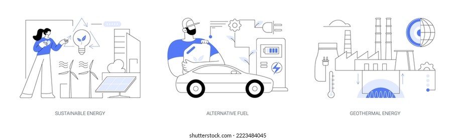 Smart green energy abstract concept vector illustration set. Sustainable energy, alternative fuel, geothermal system, renewable sources, wind turbine, solar panels, heat pump abstract metaphor.