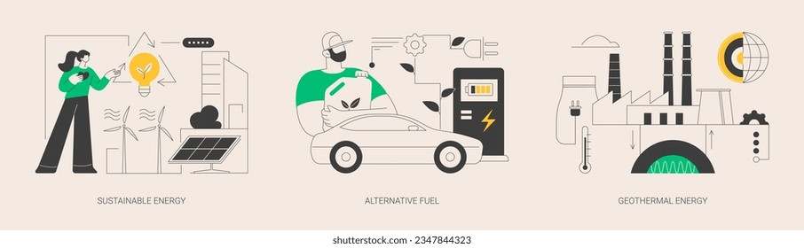 Smart green energy abstract concept vector illustration set. Sustainable energy, alternative fuel, geothermal system, renewable sources, wind turbine, solar panels, heat pump abstract metaphor.