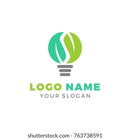 smart green energy logo template, clever logo icon with light bulb lamp and leaves.