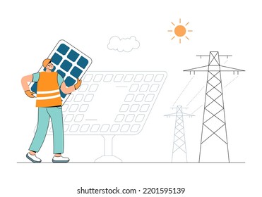 Smart and green energy. Worker set a panel at a solar power plant. Smart and green energy.
