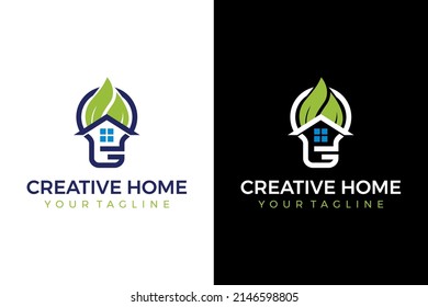 Smart Green House Logo design, Bulb, Home with Leaf Logo Design