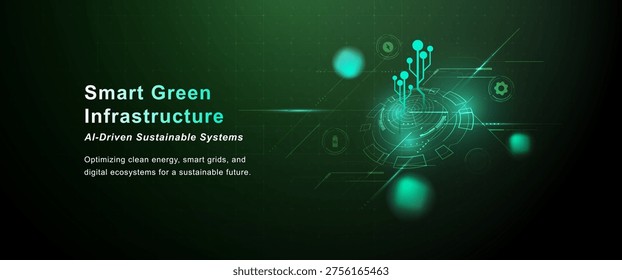 Smart green technology background with glowing digital infrastructure, network connections and green futuristic elements representing sustainable innovation and clean technology.