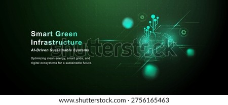 Smart green technology background with glowing digital infrastructure, network connections and green futuristic elements representing sustainable innovation and clean technology.