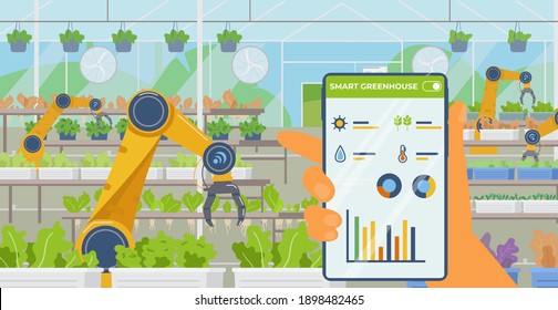 Smart Greenhouse And Farming Concept Vector Flat Horizontal Banner. Hand Holding Smartphone With App For Remote Control. Greenhouse With Salad Plantations And Agriculture Robots.