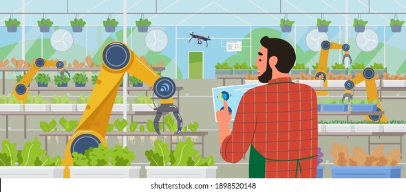 Smart Greenhouse And Farming. Farmer Holding Tablet Managing Greenhouse With Mobile App For Remote Control. Salad Plantations And Agriculture Automated Robots And Drones Flat Vector Illustration.