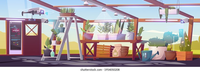 Smart greenhouse, futuristic technologies in farming. Digital devices for automatically controlled plants growing or watering, robotic agricultural automation, hydroponics, Cartoon vector illustration