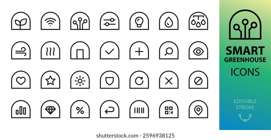 Smart greenhouse icons set. Set of greenhouse monitoring system vector icons with editable stroke