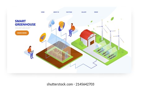 Smart greenhouse, landing page design, website banner vector template. Smart farming industry, Iot, remote control.