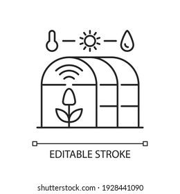 Smart greenhouse linear icon. Agricultural management. Cultivation environment. Indoor farming. Thin line customizable illustration. Contour symbol. Vector isolated outline drawing. Editable stroke svg