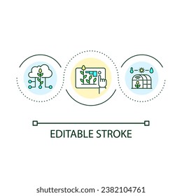 Icono de concepto de bucle de invernadero inteligente. Tecnologías IoT en la ilustración de la delgada línea de ideas abstractas agrícolas. Agricultura de precisión. Agribusiness. Dibujo de contorno aislado. Trazo editable. Tipo de letra arial utilizado