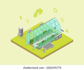 Smart Greenhouse with Solar Panels Hitech Concept 3D Isometric View Technology for Farming Industry. Vector illustration