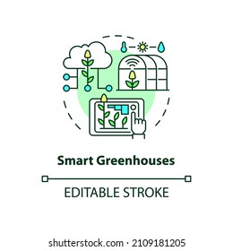 Smart greenhouses concept icon. IoT agriculture abstract idea thin line illustration. Growing process automation. Isolated outline drawing. Editable stroke. Roboto-Medium, Myriad Pro-Bold fonts used svg