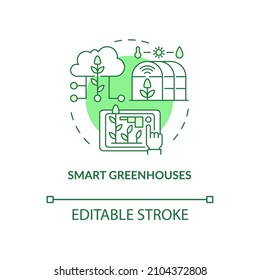 Smart greenhouses green concept icon. Monitoring plant health abstract idea thin line illustration. Isolated outline drawing. Editable stroke. Roboto-Medium, Myriad Pro-Bold fonts used