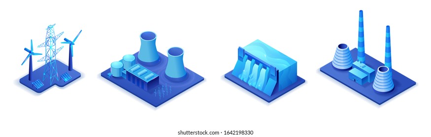 Smart grid 3d isometric icon set, blue neon symbol of solar panel, electricity pole, nuclear and thermal power plant, hydroelectric power station, isolated on white background