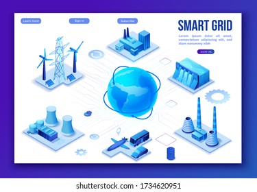 Smart grid 3d isometric infographics, blue neon concept with solar panels and electricity pole, nuclear and thermal power plant, hydroelectric power station, transport system, globe 3d isometric icon,