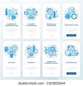 Smart grid blue onboarding mobile app screen set. Electric energy walkthrough 4 steps graphic instructions pages with linear concepts. UI, UX, GUI template. Myriad Pro-Bold, Regular fonts used