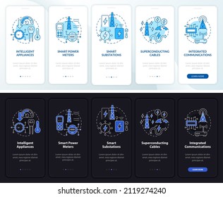 Smart grid build night and day mode onboarding mobile app screen. System walkthrough 5 steps graphic instructions pages with linear concepts. UI, UX, GUI template. Myriad Pro-Bold, Regular fonts used