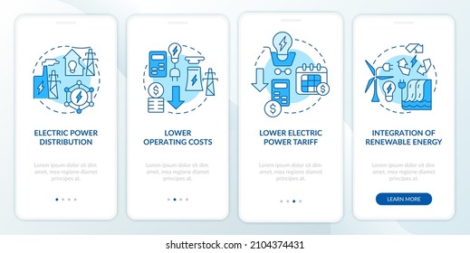 Smart grid characteristics blue onboarding mobile app screen. System walkthrough 4 steps graphic instructions pages with linear concepts. UI, UX, GUI template. Myriad Pro-Bold, Regular fonts used