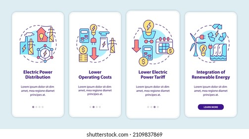 Smart grid characteristics onboarding mobile app screen. Technology walkthrough 4 steps graphic instructions pages with linear concepts. UI, UX, GUI template. Myriad Pro-Bold, Regular fonts used