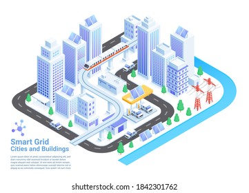 Smart Grid Cities And Buildings Isometric Vector Illustrations.