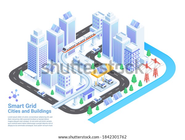 Smart grid cities and buildings isometric\
vector illustrations.