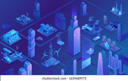 Smart grid city 3d isometric infographics, blue neon concept with solar panels and electricity pole, nuclear, thermal power plant, hydroelectric power station, transport system, 3d isometric icons