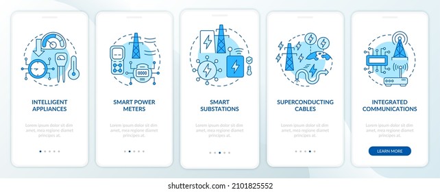 Smart grid components blue onboarding mobile app screen. Power technology walkthrough 5 steps graphic instructions pages with linear concepts. UI, UX, GUI template. Myriad Pro-Bold, Regular fonts used