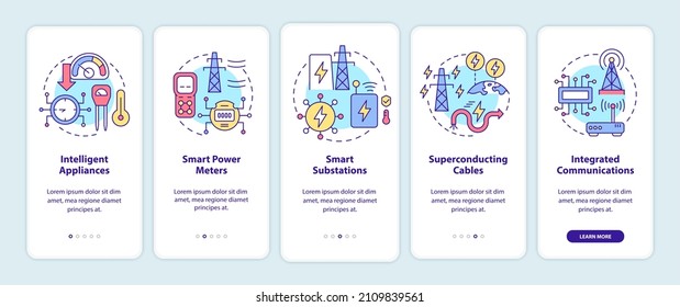Smart grid components onboarding mobile app screen. Power system walkthrough 5 steps graphic instructions pages with linear concepts. UI, UX, GUI template. Myriad Pro-Bold, Regular fonts used