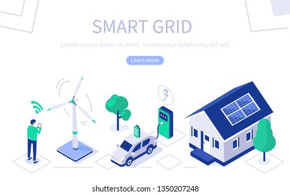 Smart grid concept design. Can use for web banner, infographics, hero images. Flat isometric vector illustration isolated on white background.