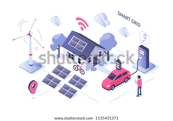 Smart grid concept design. Can use for web\
banner, infographics, hero images. Flat isometric vector\
illustration isolated on white\
background.
