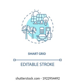 Smart grid concept icon. Cyber-physical systems application idea thin line illustration. Smart appliances. Renewable energy resources. Vector isolated outline RGB color drawing. Editable stroke