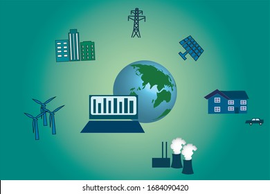 Smart Grid concept Industrial and smart grid devices in a connected network. Renewable Energy and Smart Grid Technology Smart city, planet design with future technology for living.