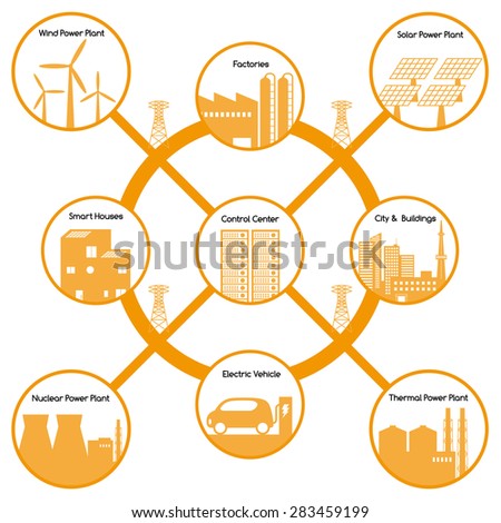 smart grid diagram, various buildings and power plants, FiT system, vector illustration
