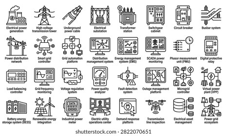 Smart Grid Electrical Power Generation Substation and Energy Management Icon Set