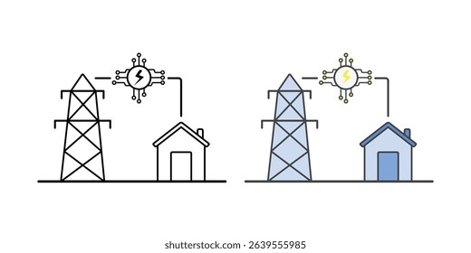 Smart grid energy network icon in outline and color styles, representing AI-driven electricity distribution, renewable integration, and intelligent power systems.