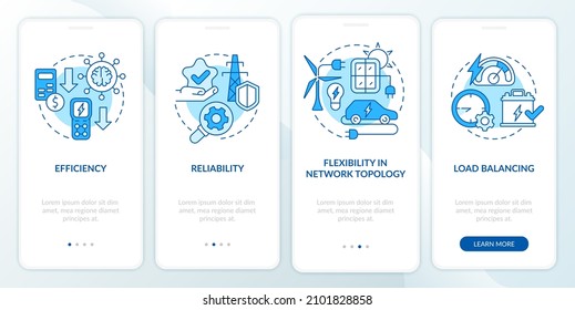 Smart grid features blue onboarding mobile app screen. Integrate network walkthrough 4 steps graphic instructions pages with linear concepts. UI, UX, GUI template. Myriad Pro-Bold, Regular fonts used