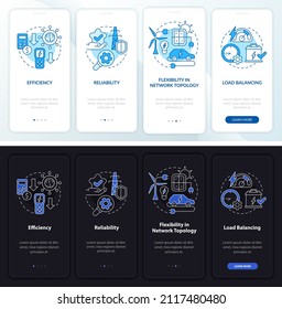 Smart grid features night and day mode onboarding mobile app screen. Tech walkthrough 4 steps graphic instructions pages with linear concepts. UI, UX, GUI template. Myriad Pro-Bold, Regular fonts used