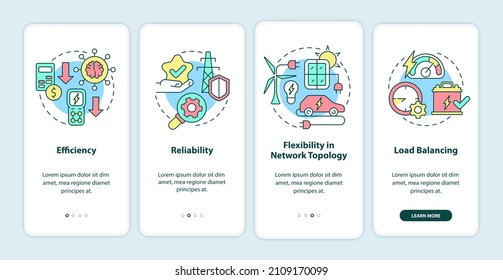 Smart grid features onboarding mobile app screen. System integration walkthrough 4 steps graphic instructions pages with linear concepts. UI, UX, GUI template. Myriad Pro-Bold, Regular fonts used